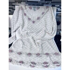 vintage Lg Shenanigans Hand Knit Crochet Cotton Floral Beaded White Purple
